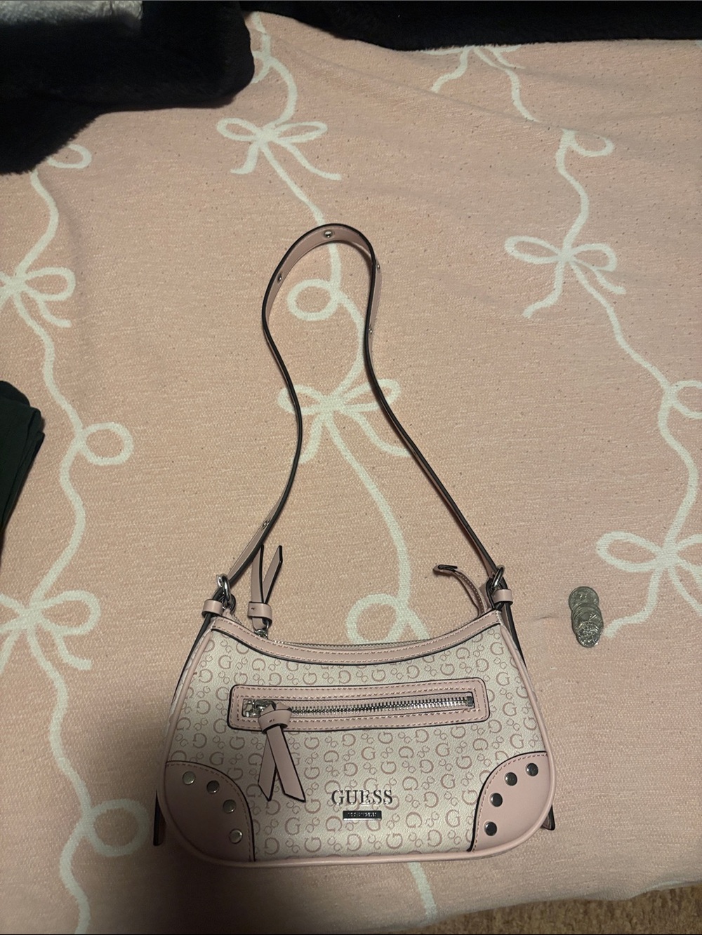 GUESS Pale Pink Monogram Shoulder Bag with Silver Hardware